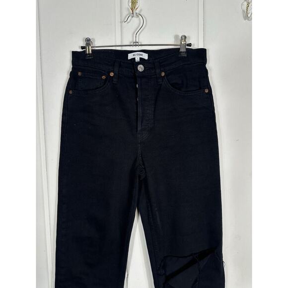 RE/DONE Originals 70s Stove Pipe Noir with Rip Cropped Jeans 27-Black Button Fly - Picture 4 of 12